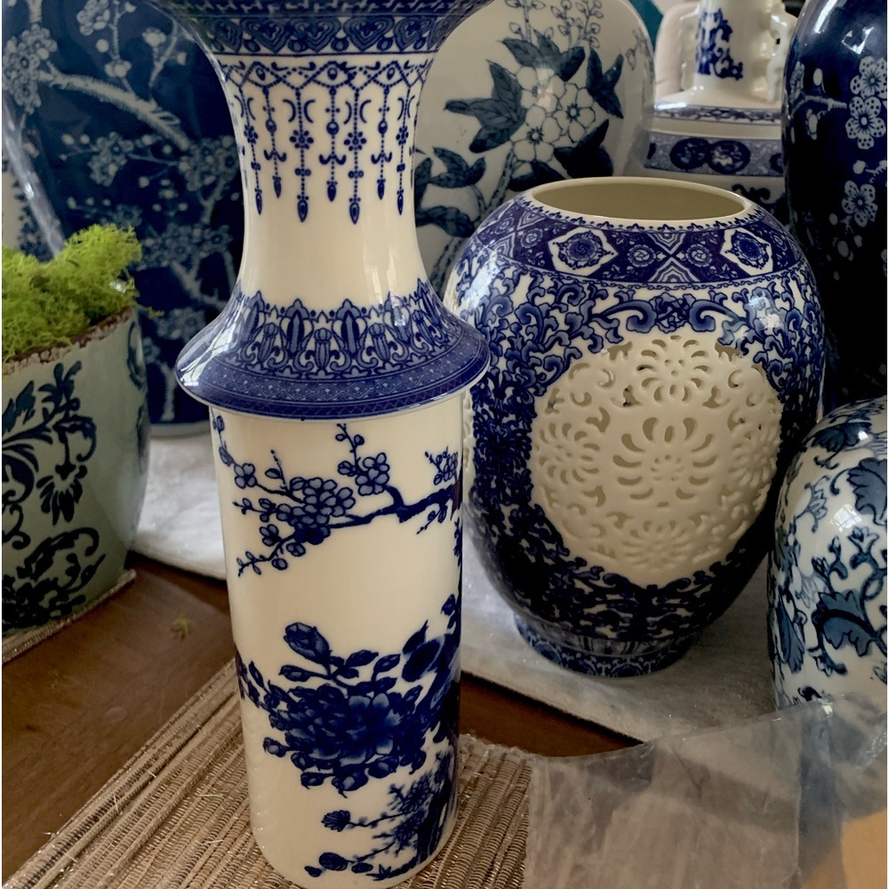Blue and white carved medallion vase